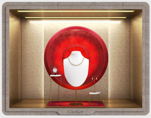Visualisation 3D photoréaliste d'une PLV pour une vitrine de luxe.